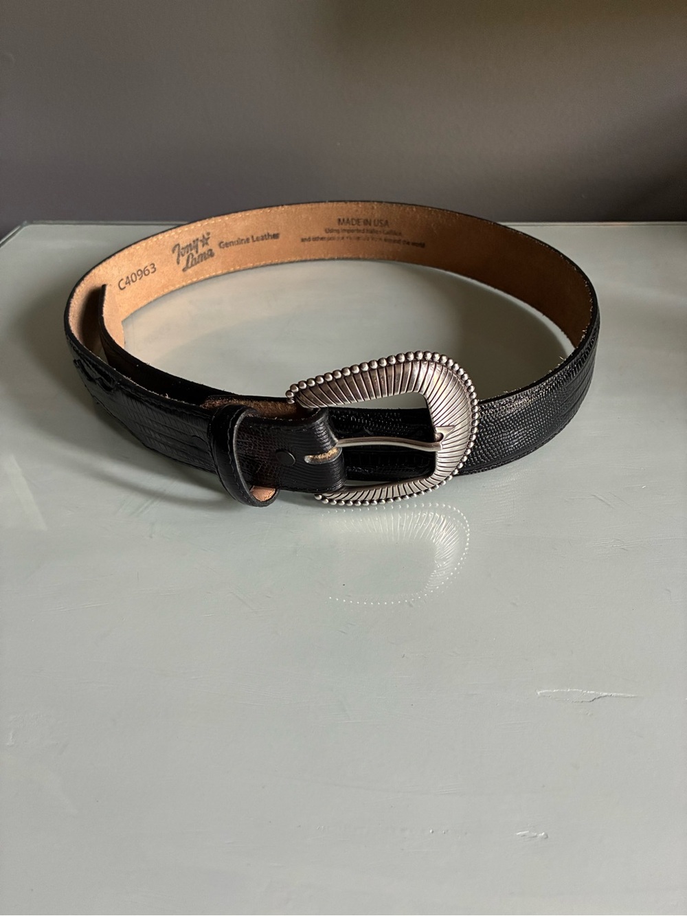 Tony Lama Black Leather Belt with Decorative Silver Buckle